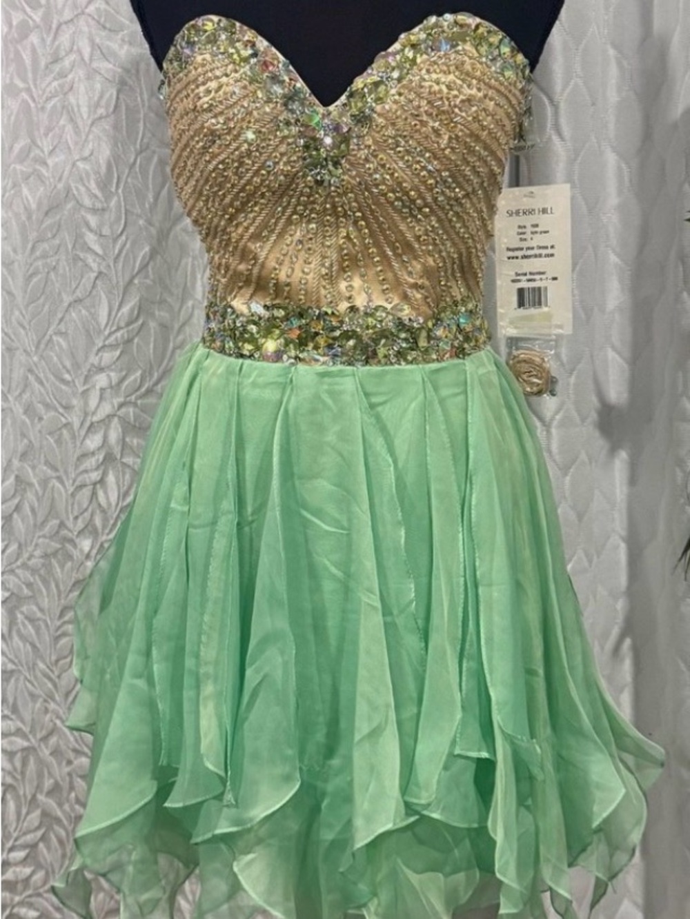 Sherri Hill Green Chiffon Party Dress with Gold Beaded Bodice